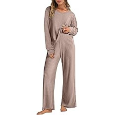 ANRABESS Women 2 Piece Lounge Pajamas Sets Casual Ribbed Knit Long Sleeve Top Pants Matching Set ... | Amazon (US)