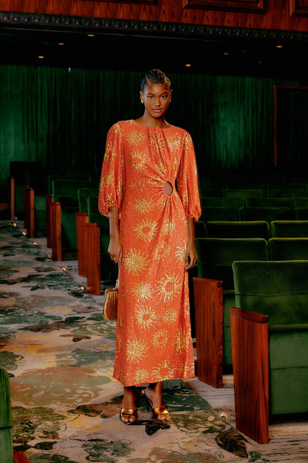 Orange Sunny Mood Sequin Cut Out Midi Dress | FarmRio (US)