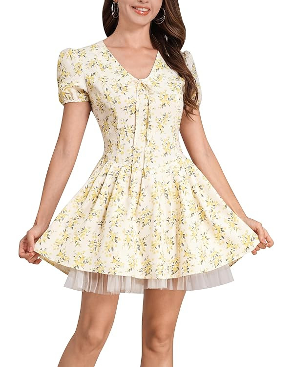 Women Summer Boho Dress V Neck Short Puff Sleeve Pleated Mini Dress Y2k Vintage Floral Ruffle A-l... | Amazon (US)