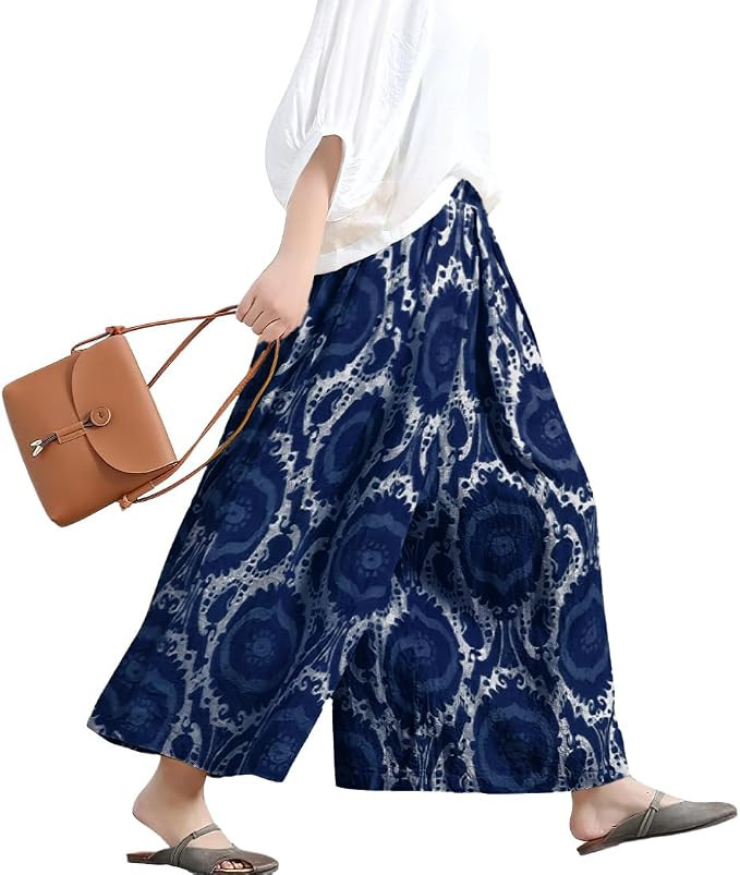 chouyatou Women's Loose Floral Printed Cotton Crop Pants Elastic Waist Wide Leg Palazzo Trousers | Amazon (US)