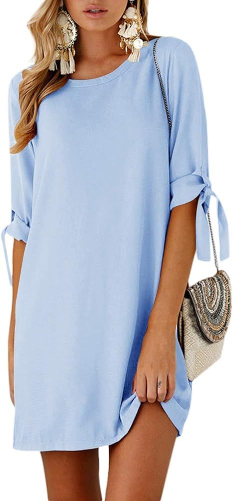 YOINS Summer Dresses for Women Floral Print Half Sleeves T Shirts Solid Crew Neck Tunics Self-tie... | Amazon (US)