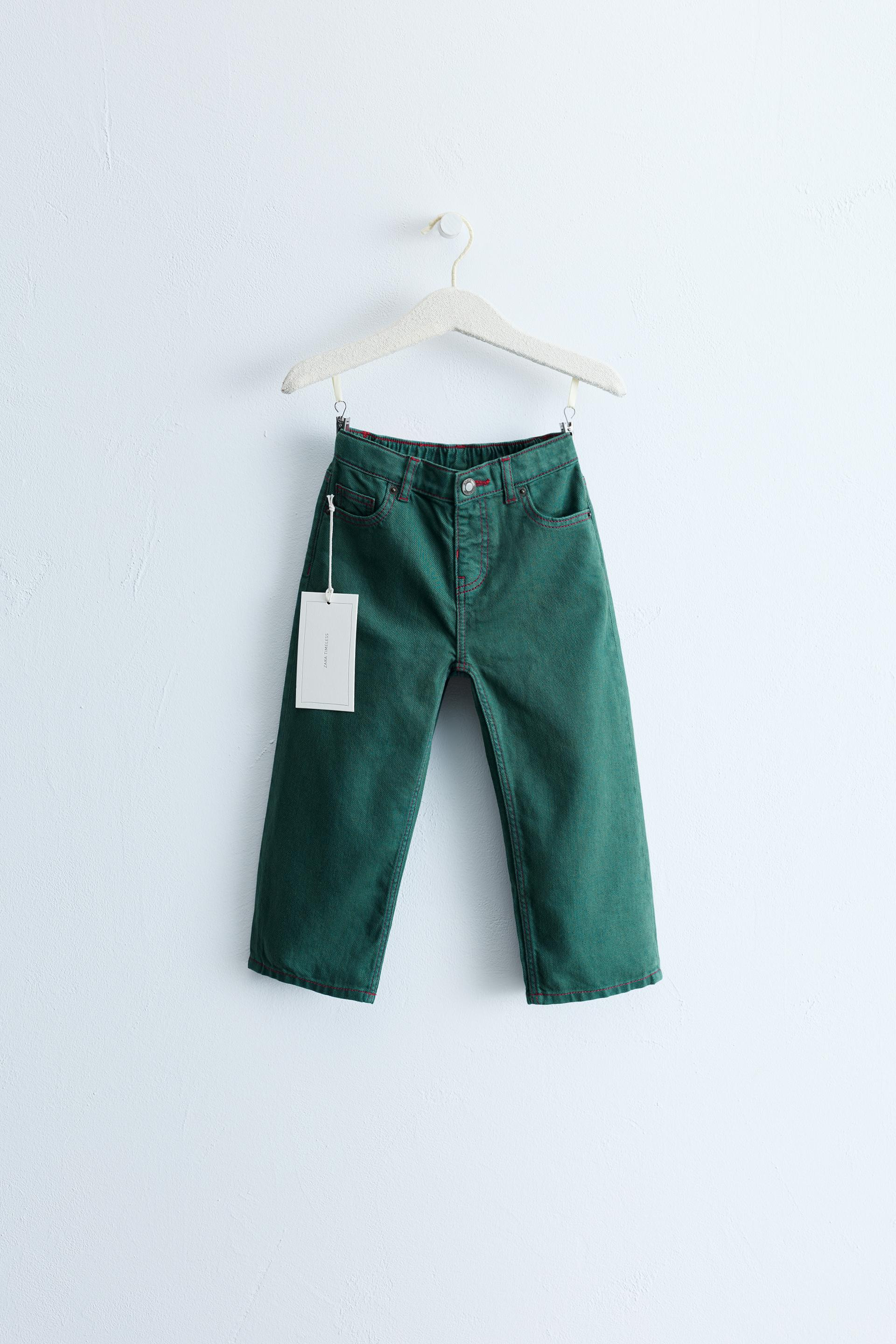 Zara - Zara Timeless - Straight Twill Trousers With Contrast Stitching - Mid-Green - 2 Years (92 Cm) - Kids | Zara UK