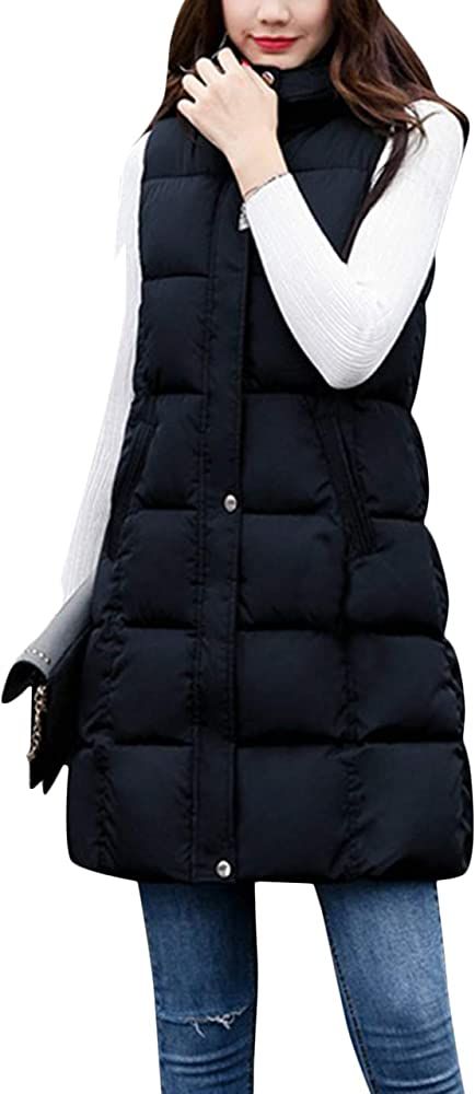 Fiona Jolin Womens Long Puffer Vest Black Hooded Zip Sleeveless Jacket Coat Outerwear | Amazon (US)