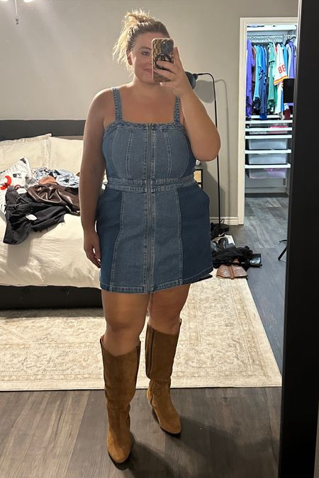 Denim dress from target, wearing XXL. Wide calf boots from Duo, you can customize your calf size needed — high quality knee high boots, western boots, tan boots, cognac, jean dress, fall outfit, game day outfit, mid size, plus size, size 14, size 16 

#LTKSeasonal #LTKmidsize #LTKshoecrush