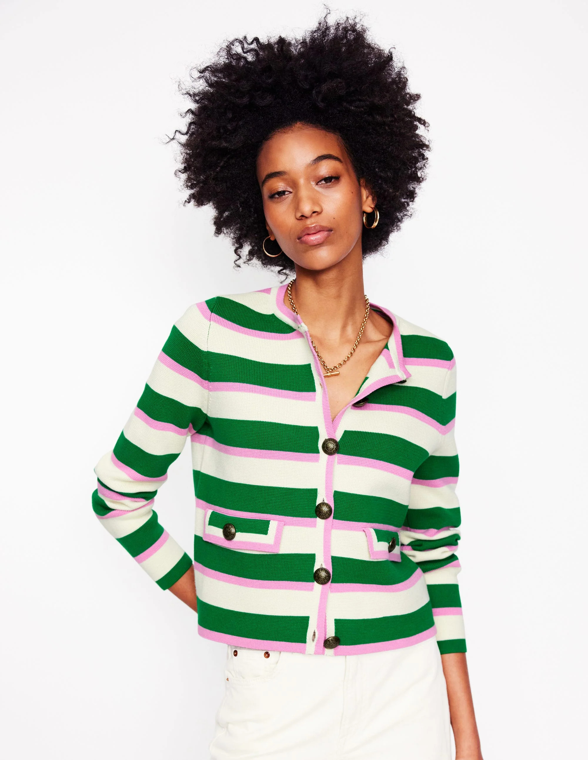 Holly Knitted Jacket-Rich Emerald, Pink Stripe | Boden UK
