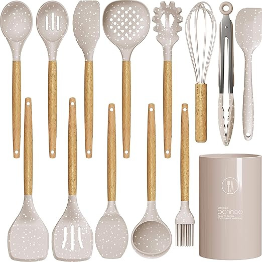 Khaki Granite Pattern Silicone Cooking Utensils Set - 446°F Heat Resistant Silicone Kitchen Uten... | Amazon (US)