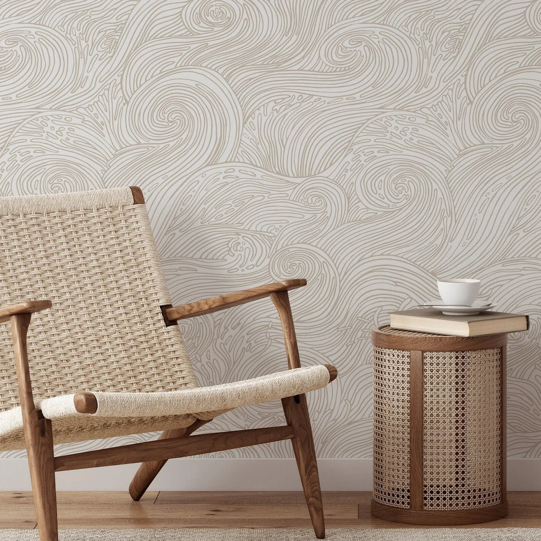 Beige Boho Style Coastal Wallpaper Peel and Stick Minimalist Nautical Waves Modern Self Adhesive ... | Etsy (US)