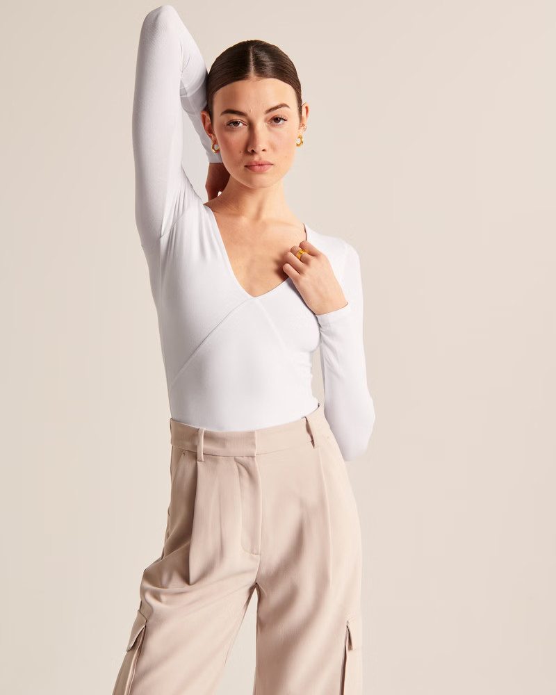 Long-Sleeve Seamed V-Neck Bodysuit | Abercrombie & Fitch (US)