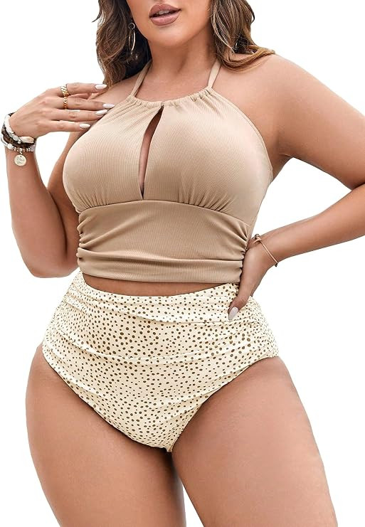 SOLY HUX Women's Plus Size Printed Halter Ruched High Waisted Bikini Set 2 Piece Swimsuit Bathing... | Amazon (US)