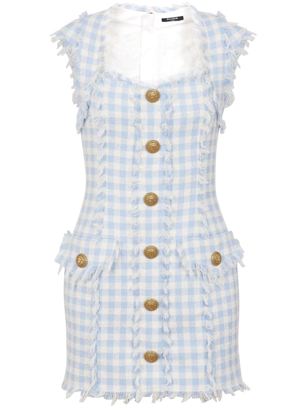 The DetailsNew SeasonBalmaingingham tweed minidressImportedHighlightslight blue/white cotton blen... | Farfetch Global