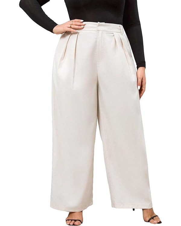 MakeMeChic Women's Plus Size Elastic Waist in The Back Pleated Straight Wide Leg Suit Pants Work ... | Amazon (US)