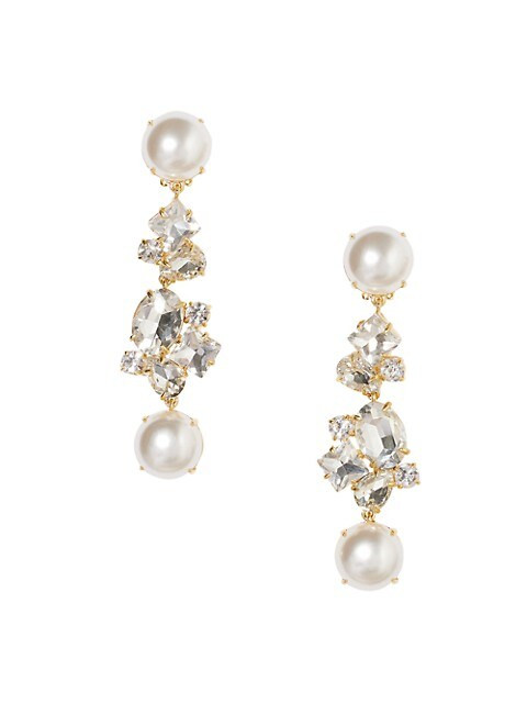 14K Goldplated Faux Pearl & Crystal Cluster Linear Drop Earrings | Saks Fifth Avenue