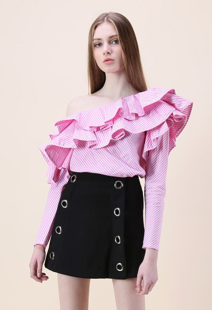Swanky One-shoulder Ruffle Top in Pink Stripes | Chicwish