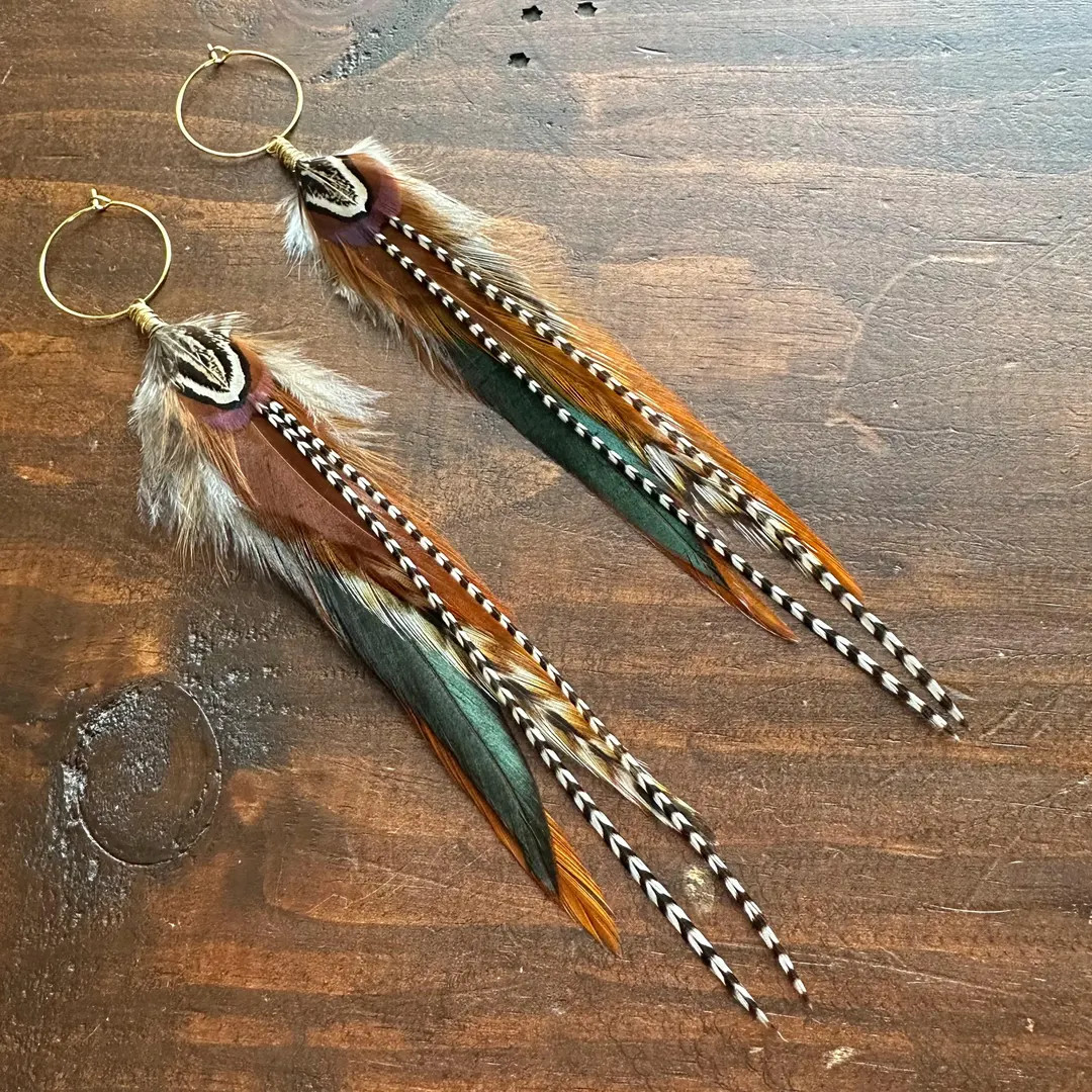Real Feather Earrings - Black and Brown Feather Earrings on 25mm Hoops - Rooster & Pheasant Feath... | Etsy (US)