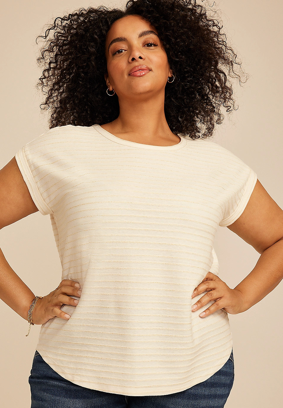 Plus Size 24/7 Clara Metallic Striped Tee | Maurices