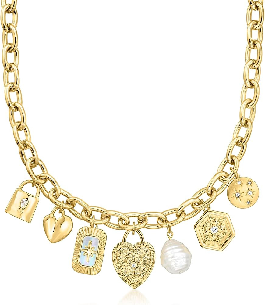 Ross-Simons 14kt Yellow Gold-Plated Charm Necklace With Simulated Gemstones, Pearl and .50 ct. t.... | Amazon (US)