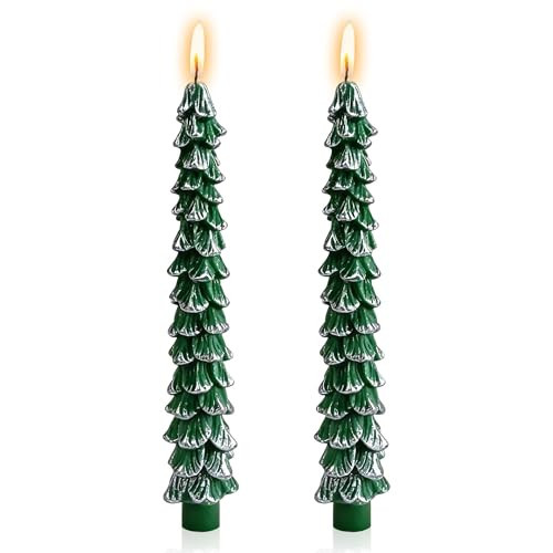 Gedengni Christmas Tree Candle Silvery Candlesticks - 10inches Unscented Tree Shaped Green Taper Candles Decorative Tapered Candles for Holiday Christmas Party Dinner Table, 2pcs | Amazon (US)