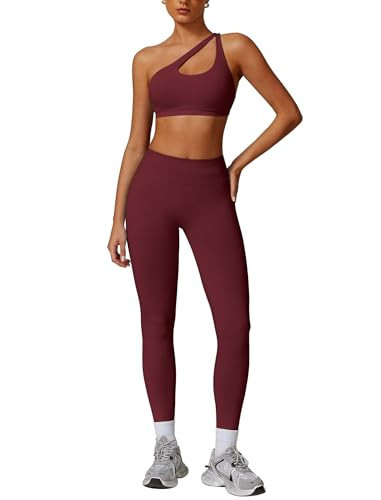 ABOCIW Womens Seamless Workout Sets High Waist Scrunch Butt Lifting Leggings One Shoulder Sports Bra 2 Piece Gym Sets Burgendy Red X-Small | Amazon (US)