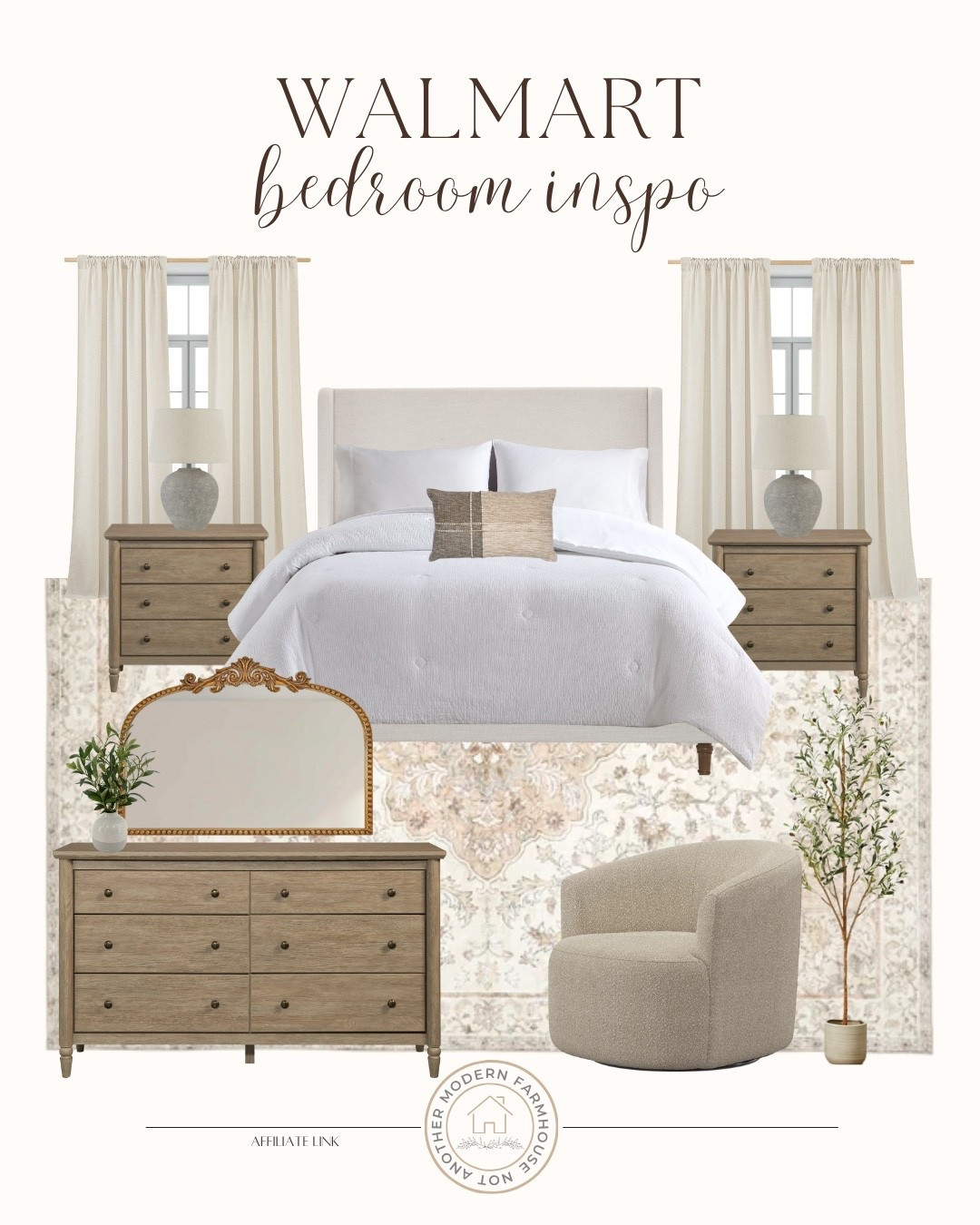 Walmart bedroom inspo, neutral, king bed, my texas house nightstand, dresser, mirror, accent chair, olive tree, linen curtains, upholstered bed, styled space 


#LTKFindsUnder100 #LTKHome #LTKSaleAlert