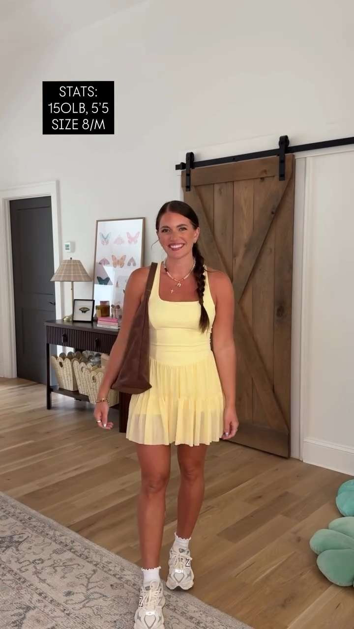 The comfiest butter yellow workout dress. TTS - M. I’m 5’5, 29” waist 40” hips 36.5” bust. Seamless thong undies sooo comfy tts - M. Lounge bra size L & shorts TTS - M. Liner stain shade 20 & gloss watermelon. Fave ruffle socks & new leopard bag purs 

 #LTKdayinmylife #LTKgrwm #LTKootd