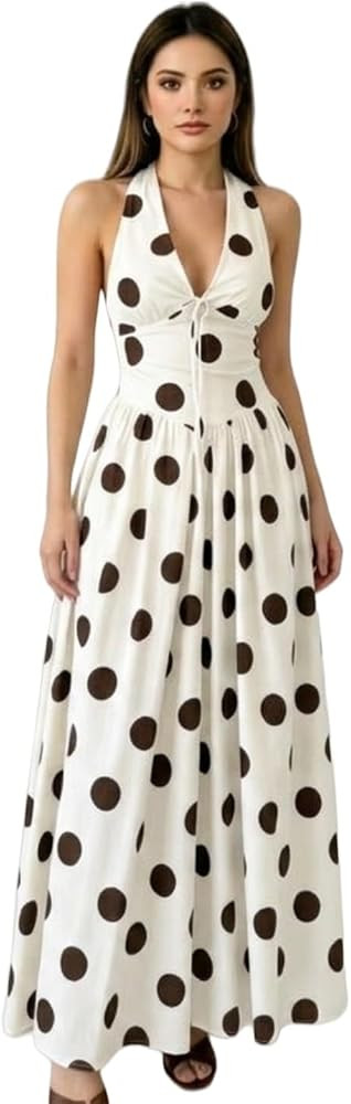 Women's Halter V-Neck Polka Dot Maxi Dress, Open Back Corset Long Drop Waist Dress for Casual Wed... | Amazon (US)
