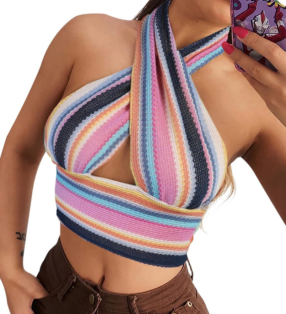 Meladyan Women Y2K Bandage Wrap Colorblock Stripe Crisscross Knitted Halter Crop Vest Hollow Out Bac | Amazon (US)