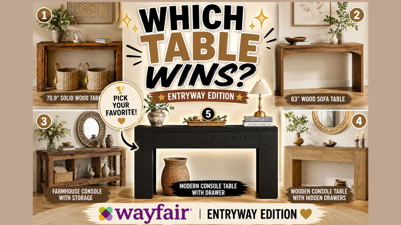 Wayfair Console Tables That Look EXPENSIVE 🤎 Entryway Styling Ideas

Looking for the perfect console table for your entryway, hallway, or behind your sofa?
Today I'm sharing five beautiful Wayfair console tables that combine style, storage, and functionality while giving your home that designer-inspired look.
From farmhouse wood finishes to hidden storage drawers and modern black statement pieces, these tables can instantly elevate your space.
✨ Featured Finds:
• Modern Black Console Table with Drawer • 70.9" Brown Solid Wood Console Table • 63" Wood Console Sofa Table • 62.99" Farmhouse Console Table with Storage • 63" Wooden Foyer Table with Hidden Drawers
Whether you're decorating an entryway, styling a hallway, or creating a beautiful focal point behind your sofa, these pieces offer both beauty and function.
Shop all of my favorite Wayfair finds through my Wayfair Storefront, LTK, and ShopMy linked below.


🤎Wayfair Storefront:
https://creatorsold.io/wayfair/joycemichelleofficial/wayfair-console-tables-that-look-expensive-entrywa


🤎LTK:



🤎ShopMy:
https://shopmy.us/shop/collections/5653791



#Wayfair
#WayfairFinds
#ConsoleTable
#EntrywayDecor
#HomeDecor
#LivingRoomDecor
#InteriorDesign
#HomeStyling
#FarmhouseDecor
#ModernOrganic
#FurnitureFinds
#AffordableLuxury
#WayfairCreator
#LTKCreator
#Over50AndChic


wayfair console table, entryway table, foyer table, sofa table, console table decor, entryway decorating ideas, farmhouse console table, solid wood console table, modern console table, hidden storage furniture, hallway table, living room furniture, affordable luxury decor, home styling ideas, interior design inspiration, wayfair furniture, entryway inspiration, console table ideas, home decor finds, wayfair finds 

 #LTKdayinmylife #LTKOver40 #LTKHome