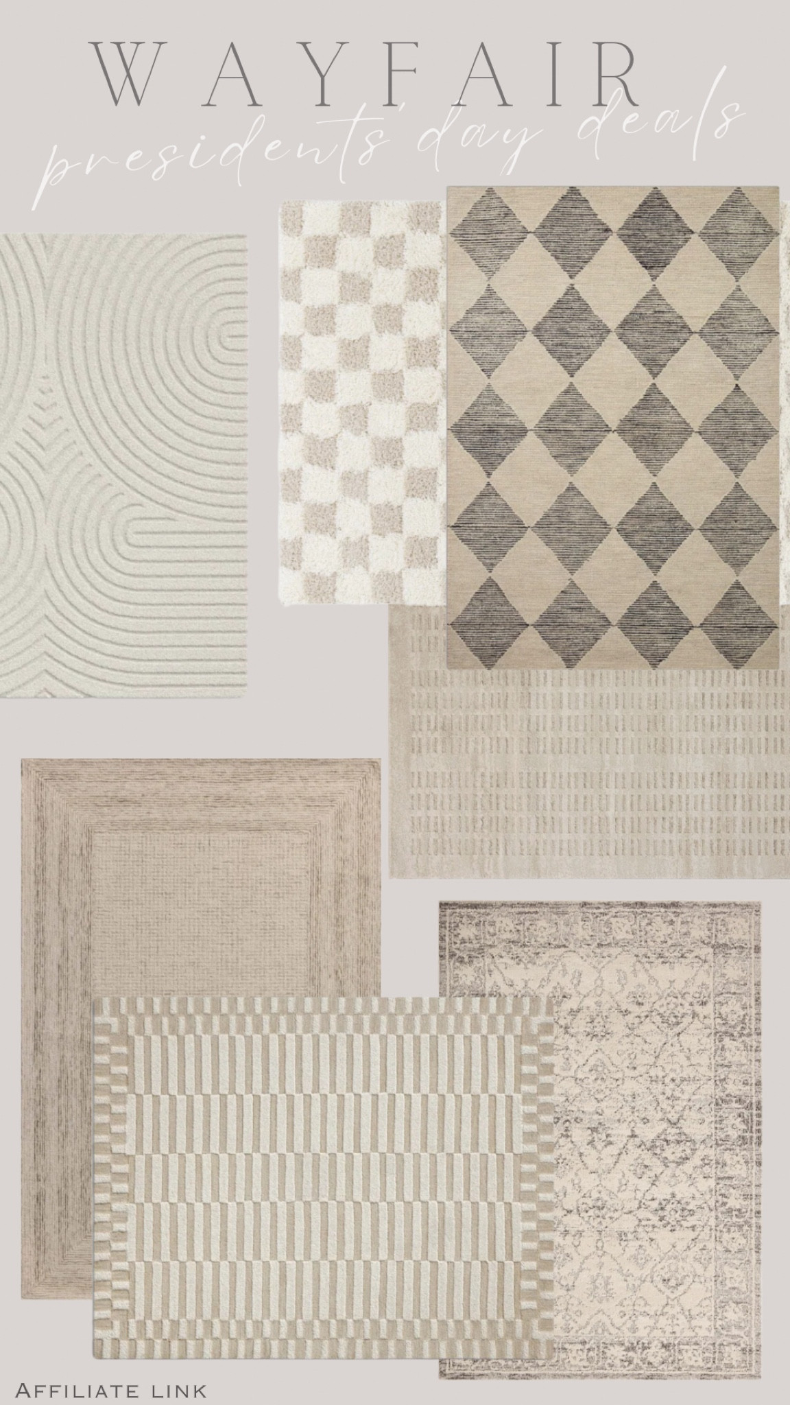 Presidents’ Day Deals! 🤍

Area rug, neutral rug, checkered rug, beige rug, neutral home decor, home decor, organic modern 



#wayfair 


#LTKSaleAlert #LTKHome