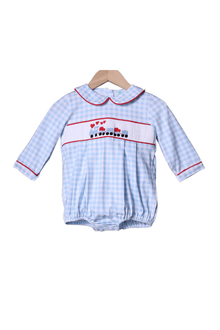 Smocked Love Train Blue Gingham Bubble | The Smocked Flamingo