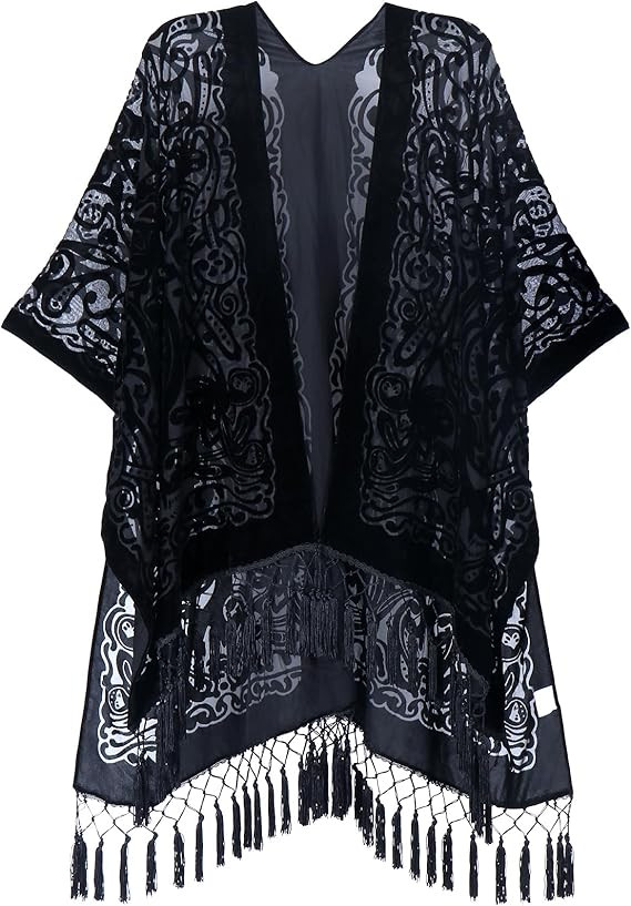 Women's Coverups Burnout Velvet Cardigan Casual Outfit Long Cover Up Kimono with Tassel | Amazon (US)