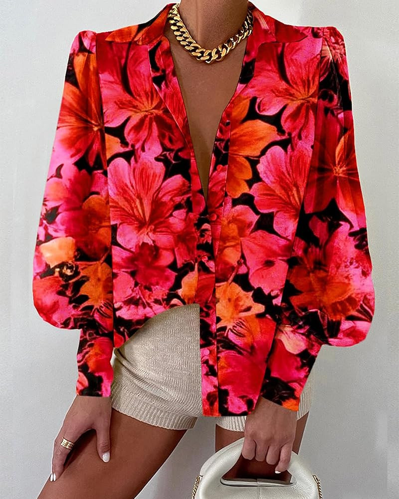 BTFBM Women Fashion Button Down Shirts Lapel V Neck Printed Solid Boho Long Sleeve Blouses Dressy... | Amazon (US)