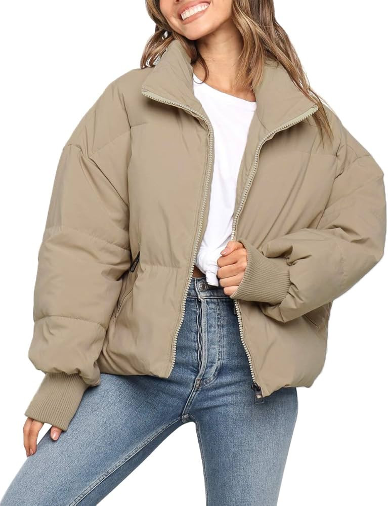 MEROKEETY Women's Winter Long Sleeve Zip Puffer Jacket Pockets Baggy Short Down Coats | Amazon (US)