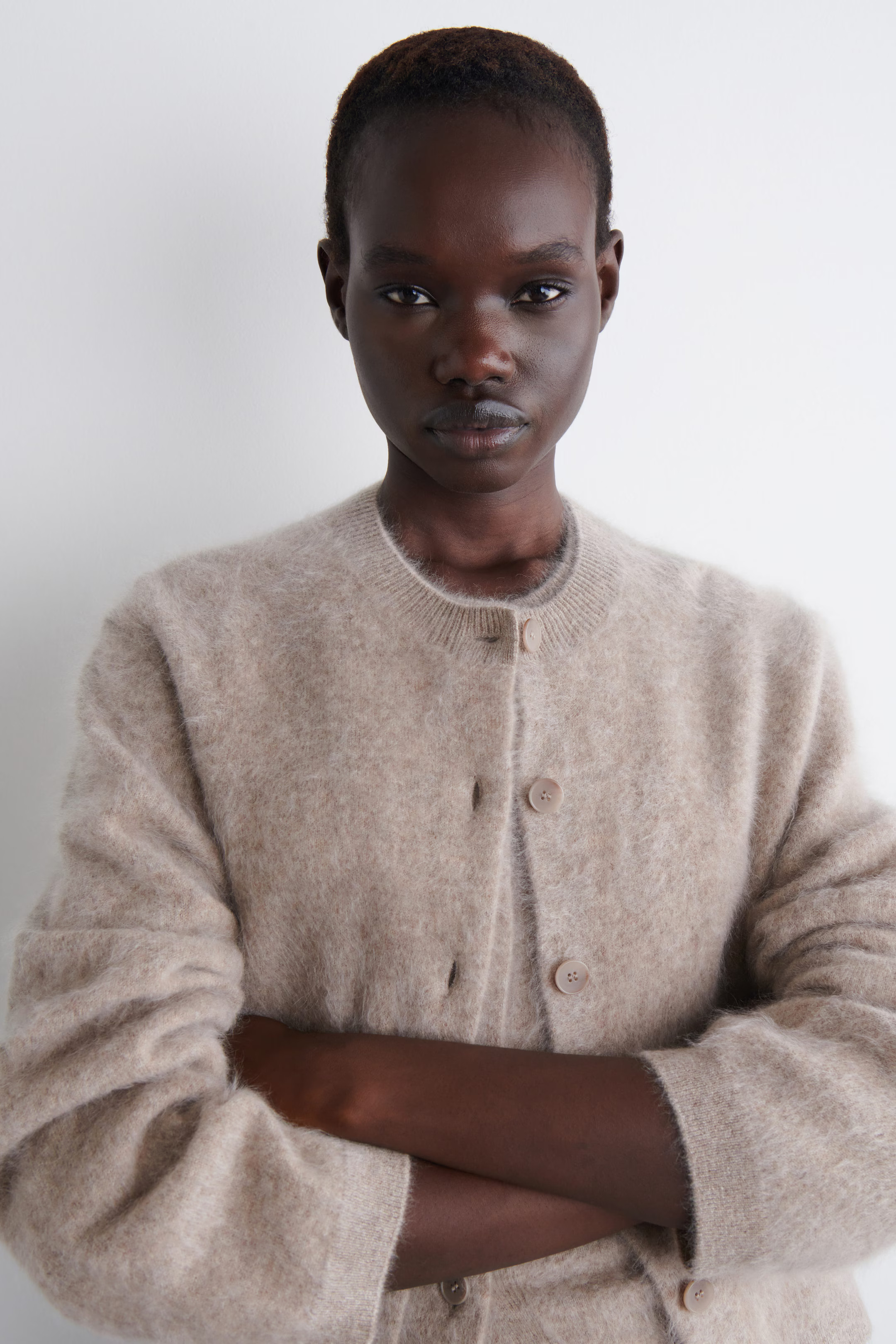 BRUSHED-CASHMERE CREW-NECK CARDIGAN - BEIGE | COS | COS UK