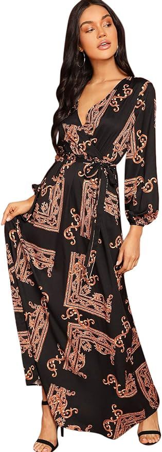 Milumia Women Scarf Print Belted V Neck Long Sleeve Boho Maxi Wrap Dress | Amazon (US)