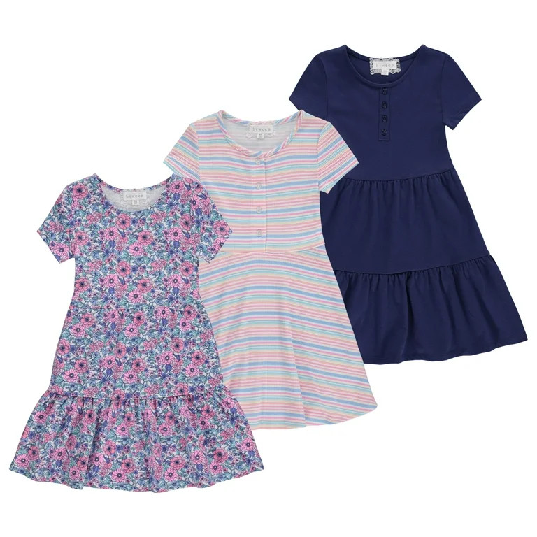 BTween 3-PC Girls Summer Dress Set - Short Sleeve Casual Skater Dresses with Stripe & Floral Prin... | Walmart (US)