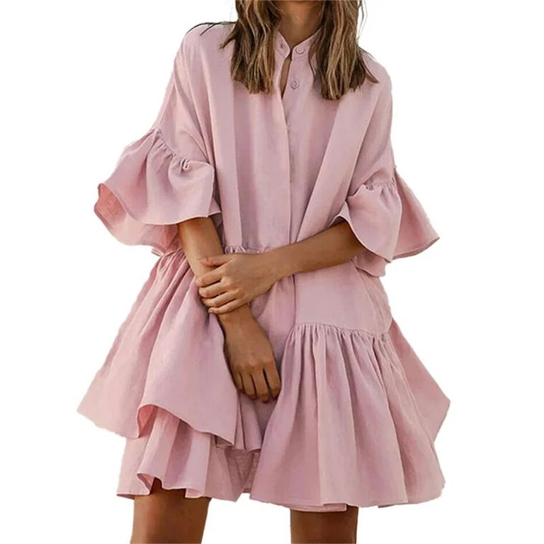 Niuer Summer Ruffle Sleeve Tiered Babydoll Dress for Women Flowy Swing Mini Dress Boho Flowy Plea... | Walmart (US)