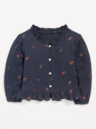 Printed Long-Sleeve Ruffle-Trim Double-Weave Top for Toddler Girls | Old Navy (US)