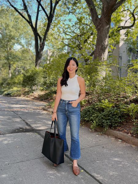 Casual work outfit, transitional outfit, Amazon finds, Amazon fashion, LOFT jeans: sleeveless sweater (S), black tote bag with zipper, high waisted flare jeans (27P), high waisted kick crop jeans, brown loafer mules, brown leather
Apple Watch strap, thin Apple Watch strap.

#LTKstyletip #LTKunder50 #LTKSeasonal