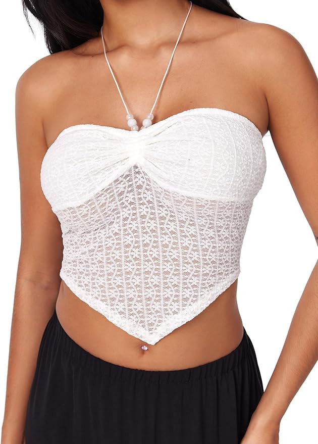 CIDER Halter Tops for Women Ruched Front - Backless Crop Tank Going Out Handkerchief Hem Knit | Amazon (US)