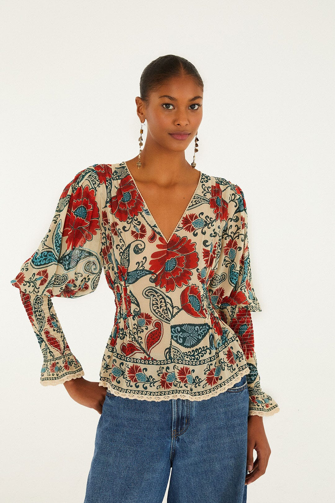 Sand Francesca Long Sleeve Blouse | FARM Rio | FarmRio (US)