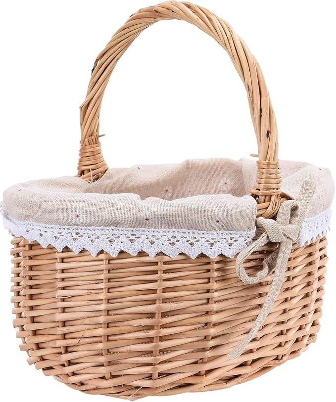 Wicker Picnic Basket with Handle Lined, Handmade Willow Woven Picnic Storage Basket for Candy, Ea... | Amazon (US)