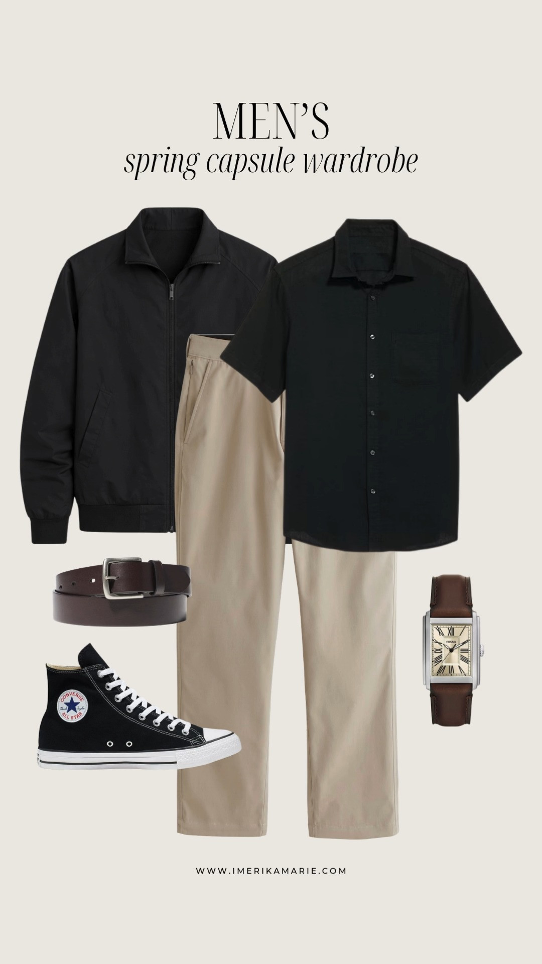 Men's Spring Outfit

men's black jacket, black button-down shirt, khaki pants, belt, watch, Converse black high tops 

 

#LTKootd #LTKSeasonal #LTKMens