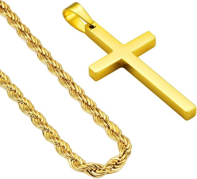24inch Cross Necklace 18K Gold Plated Silver Mens Stainless Steel Men's Christ Jesus Holy Pendant... | Amazon (US)