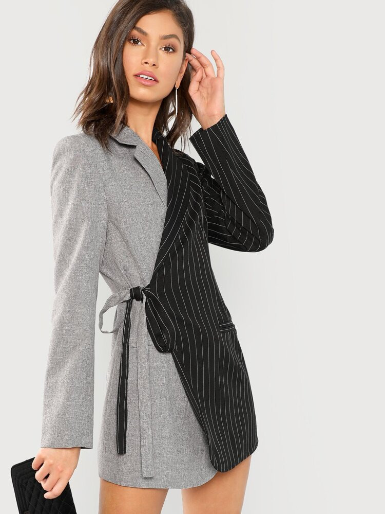 Colorblock Tie Waist Surplice Wrap Blazer | SHEIN