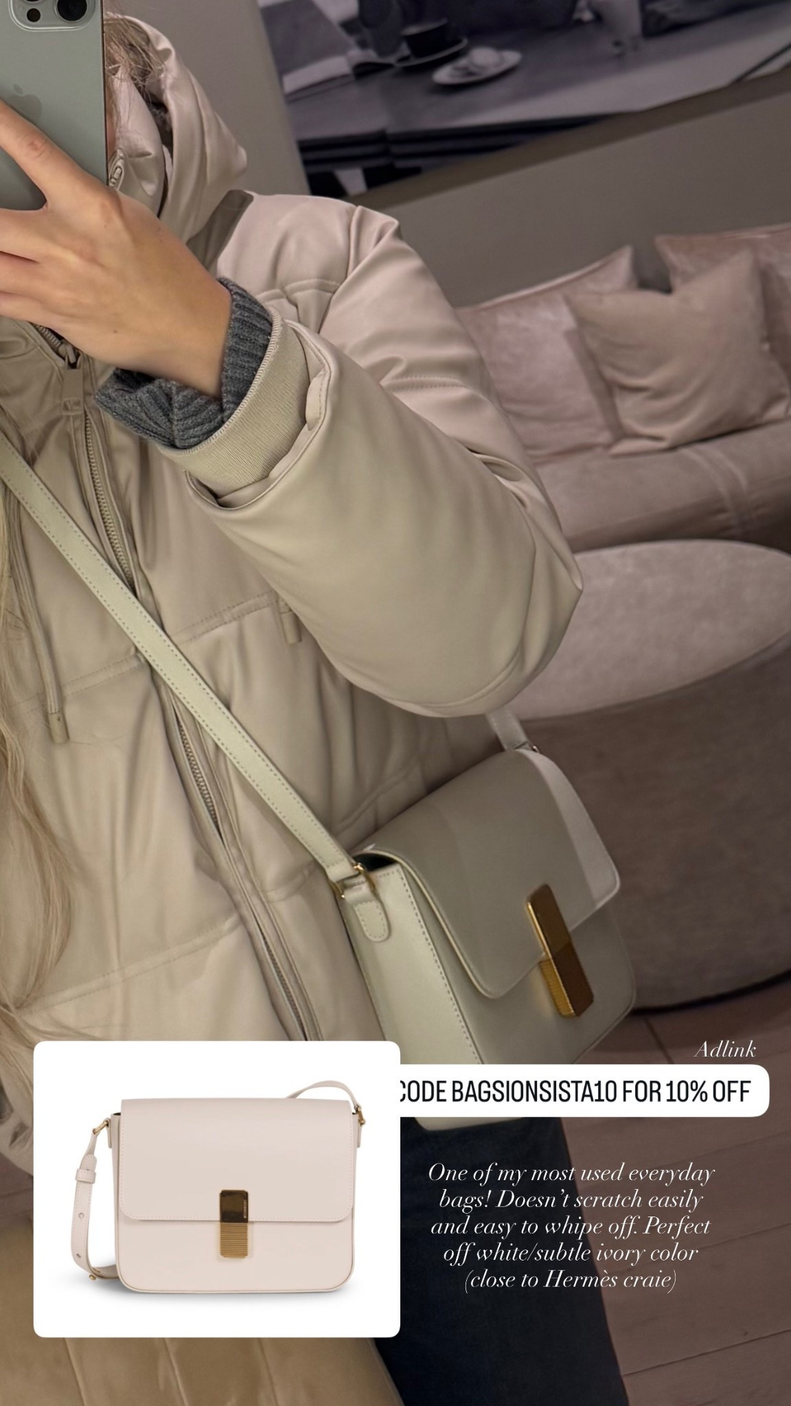 One of my most used everyday bags! Doesn’t scratch easily and easy to whipe off. Perfect off white/subtle ivory color (close to Hermès craie) @ateliersauguste  
Use the code bagsionista10 for 10% off your purchase🤍

#LTKootd