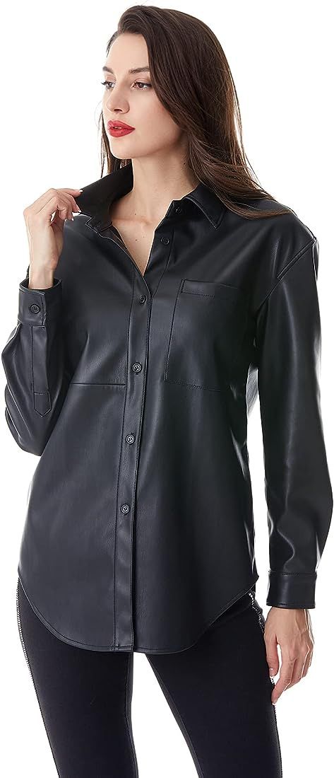 Women Faux Leather Jacket Soft Snap Button Down Shirt Shacket with Pocket, Regular and Plus Size | Amazon (US)