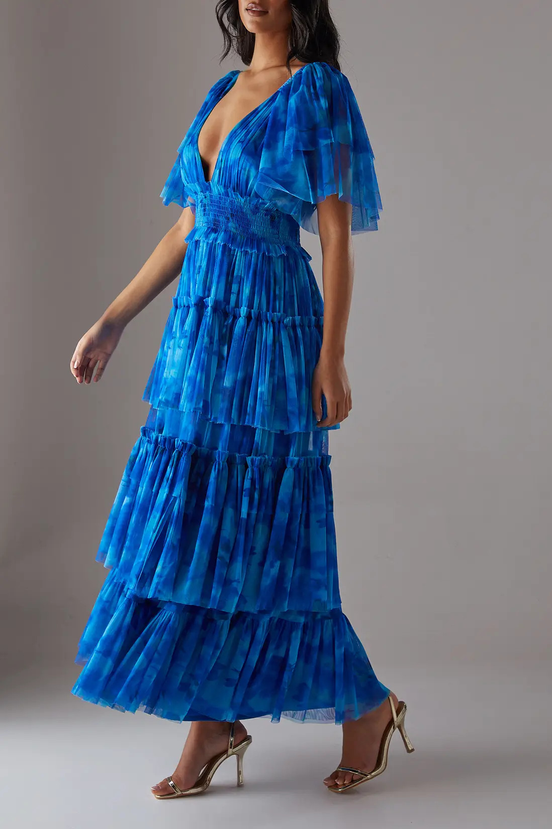 Blue Warehouse Tulle Floral Plunge Neck Flutter Sleeve Tier Maxi Dress | Debenhams | Debenhams UK