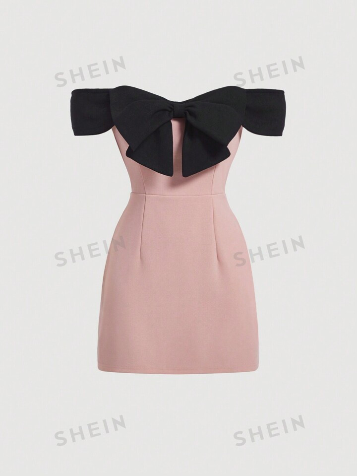 SHEIN MOD Women's Black Pink Color Block Off Shoulder Date Night Dress With Bow Detail | SHEIN