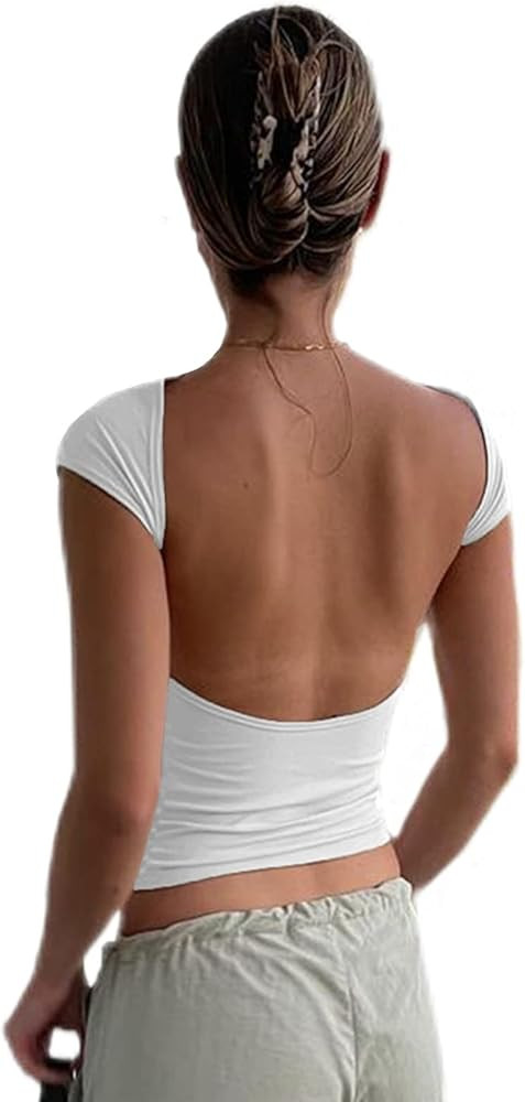 Women's Backless T-Shirts Y2K Crop Top Solid Casual Long Sleeve Sexy Vintage Cut Out 2023 Summer ... | Amazon (US)