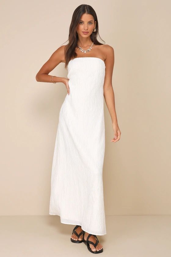 Radiant Season Ivory Plisse Cutout Strapless Maxi Dress | Lulus